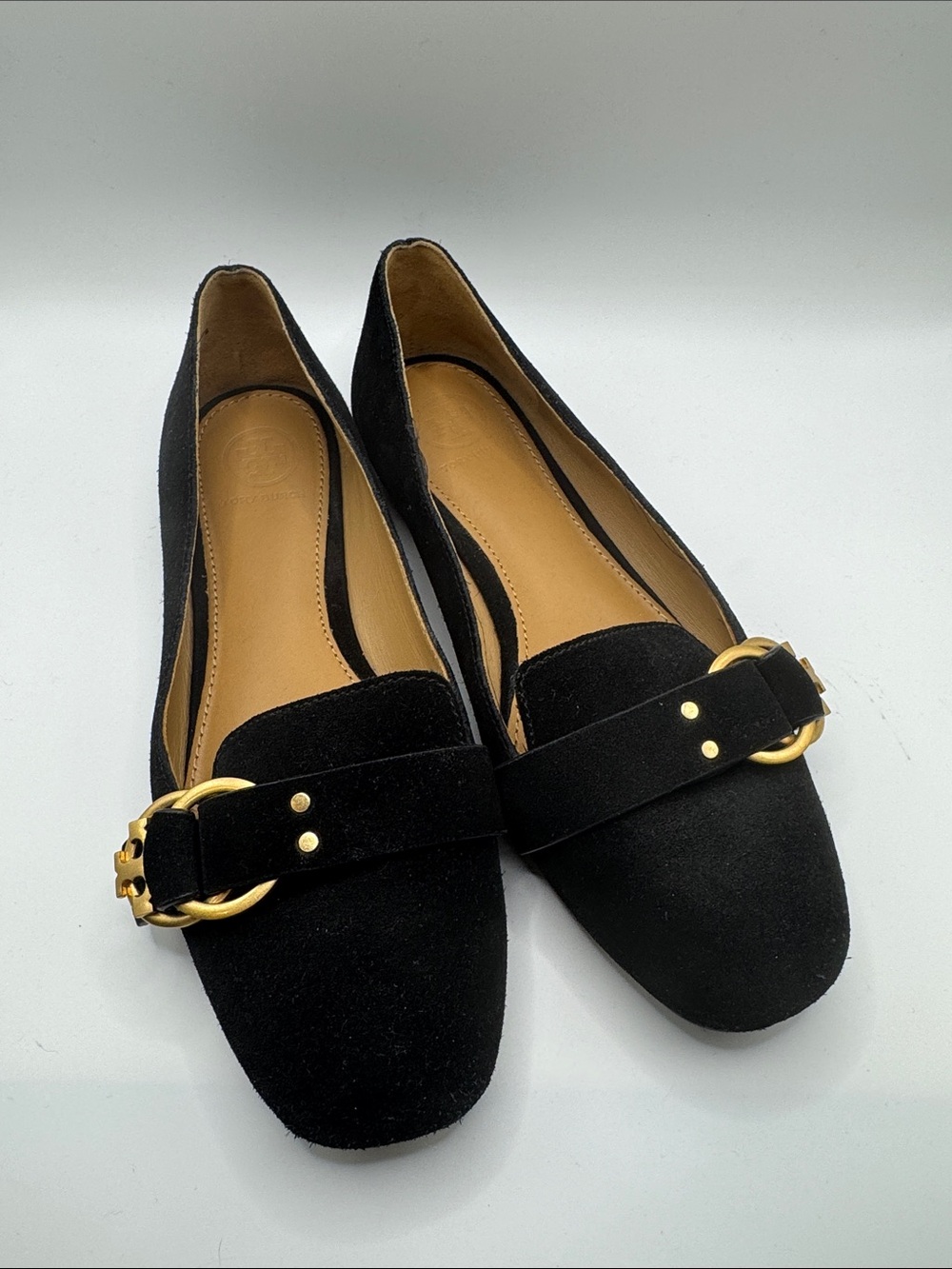 Tory Burch Black Suede Loafers with Gold Hardware